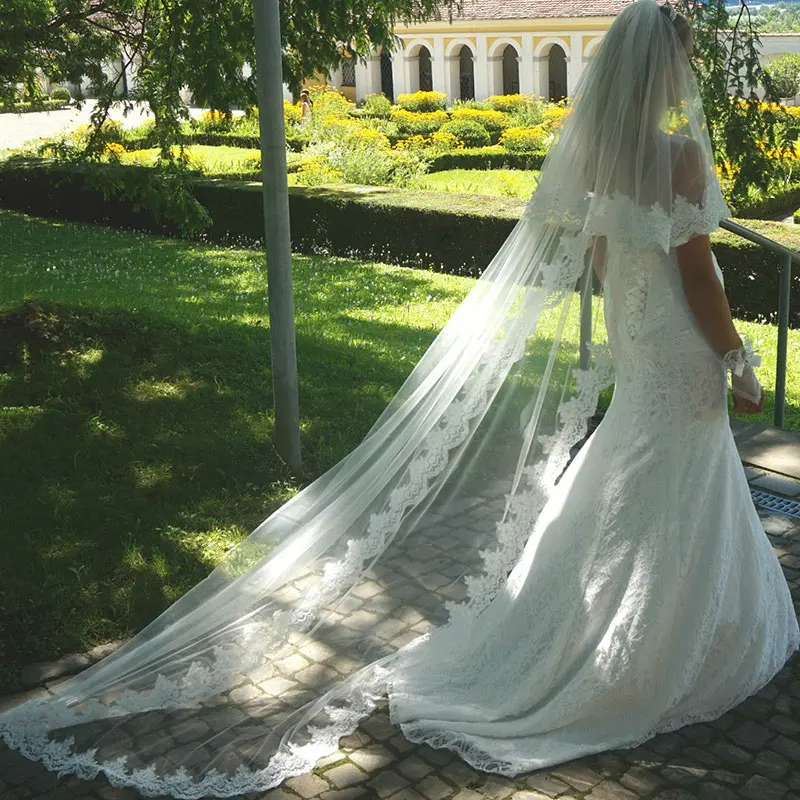 2.5M Nieuwe Wit Ivoor Wedding Veils 2 Lagen Tulle Lace Bridal Veil Applicaties Lange Wedding Veil Veu De Noiva