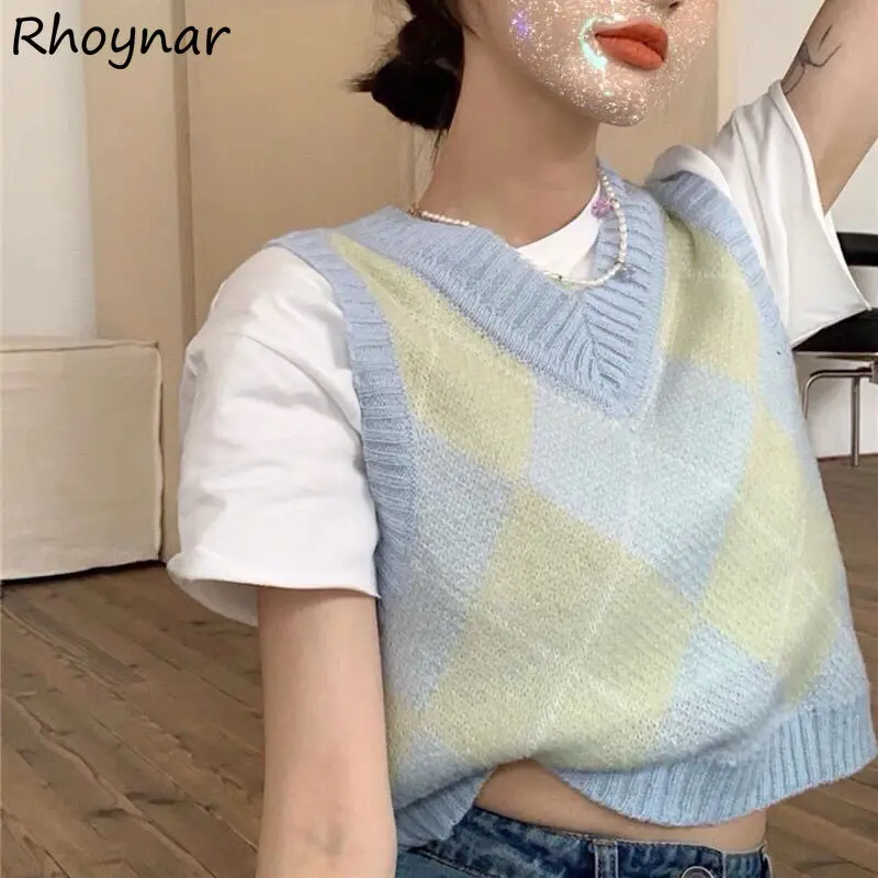 

Sweater Vest Women Korean Style Cropped Female Clothes Soft Argyle Newest V-Neck Daily Sleeveless College Casual Hot Sale Cozy