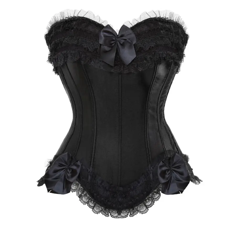 Women Sexy Lace Bow Trim Overbust Corsets Bustiers Showgirl Satin Waist Cincher Body Shaper Lace Up Corset Bustier Lingerie Top