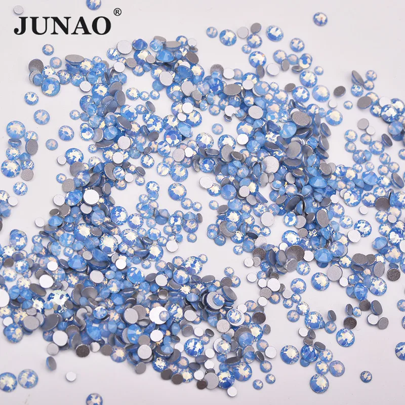 JUNAO 300pcs SS6 8 10 16 Mix Size Opal Blue Glass Crystal Rhinestones Flatback Glass Nail Stone Crystal Strass Sticker Crafts