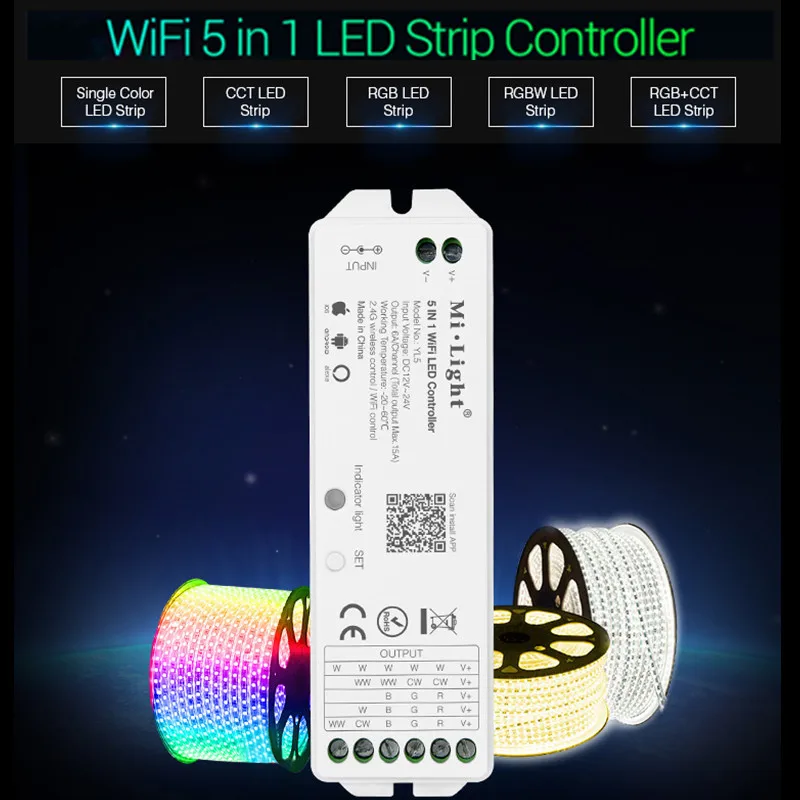 

MiBoxer wifi 5 in 1 LED Strip Controller WL5 Dimmer DC12~24V Smart Phone APP/Remote Control/Alexa/Google Assistant voice Control