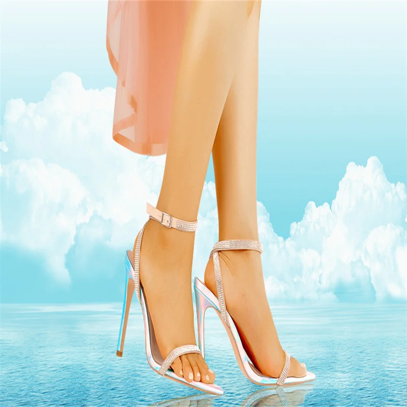 Onlymaker Pointed Toe Summer Sandals Ankle Buckle Silver Crystal Bordered Thin High Heels For Women Elegant Wedding Shoes