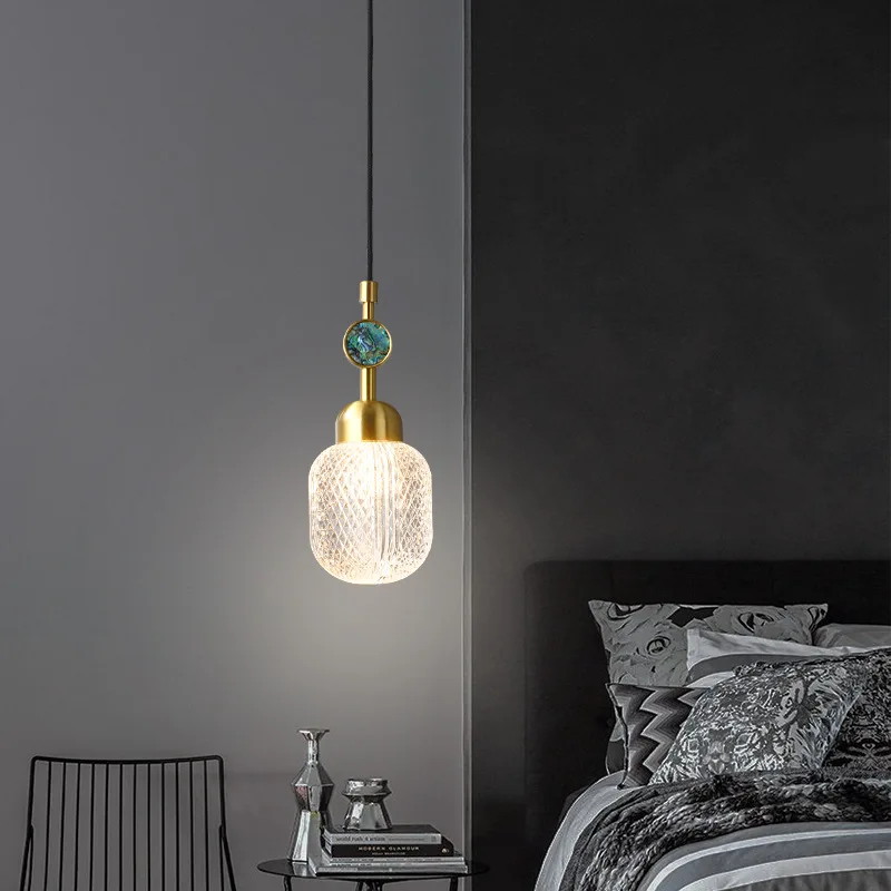 Simple Modern Light Luxury Bedside Lamp Nordic Style Bedroom Copper Glass Bar Creative Single-Head Long-Line Chandelier Lamps