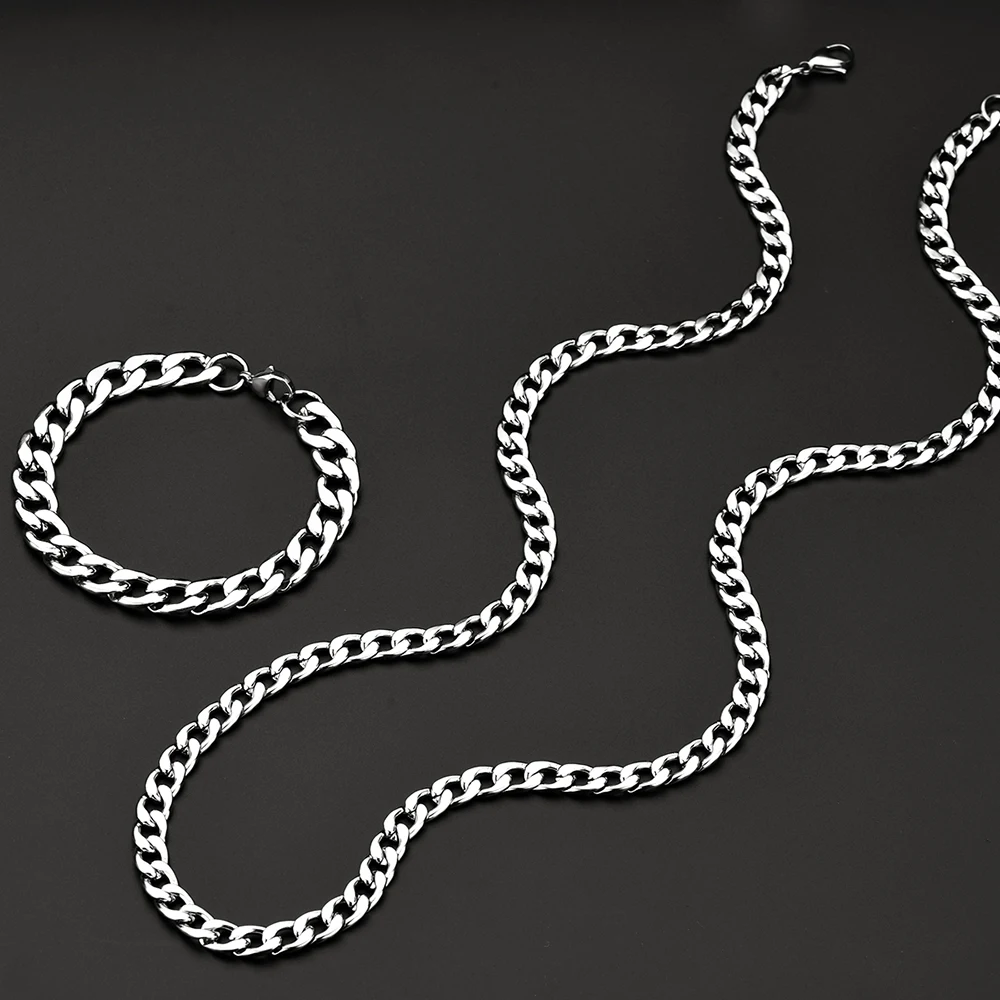 Width 8MM stainless steel Cuban chain necklace bracelet fashion jewelry set For men hip-hop rock style drop shipping