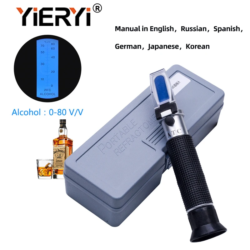 Diseño de refractómetro portátil Yieryi para probador de contenido de alcohol y licor, refractómetro ATC de 0-80% V/V con caja al por menor