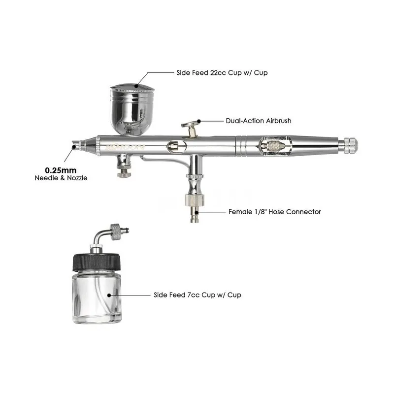 Professional Multi-Purpose Side Feed Dual-Action Airbrush Kit Set Adjustable Air Control 0.25mm 7cc & 22cc Trigger Spray Gun