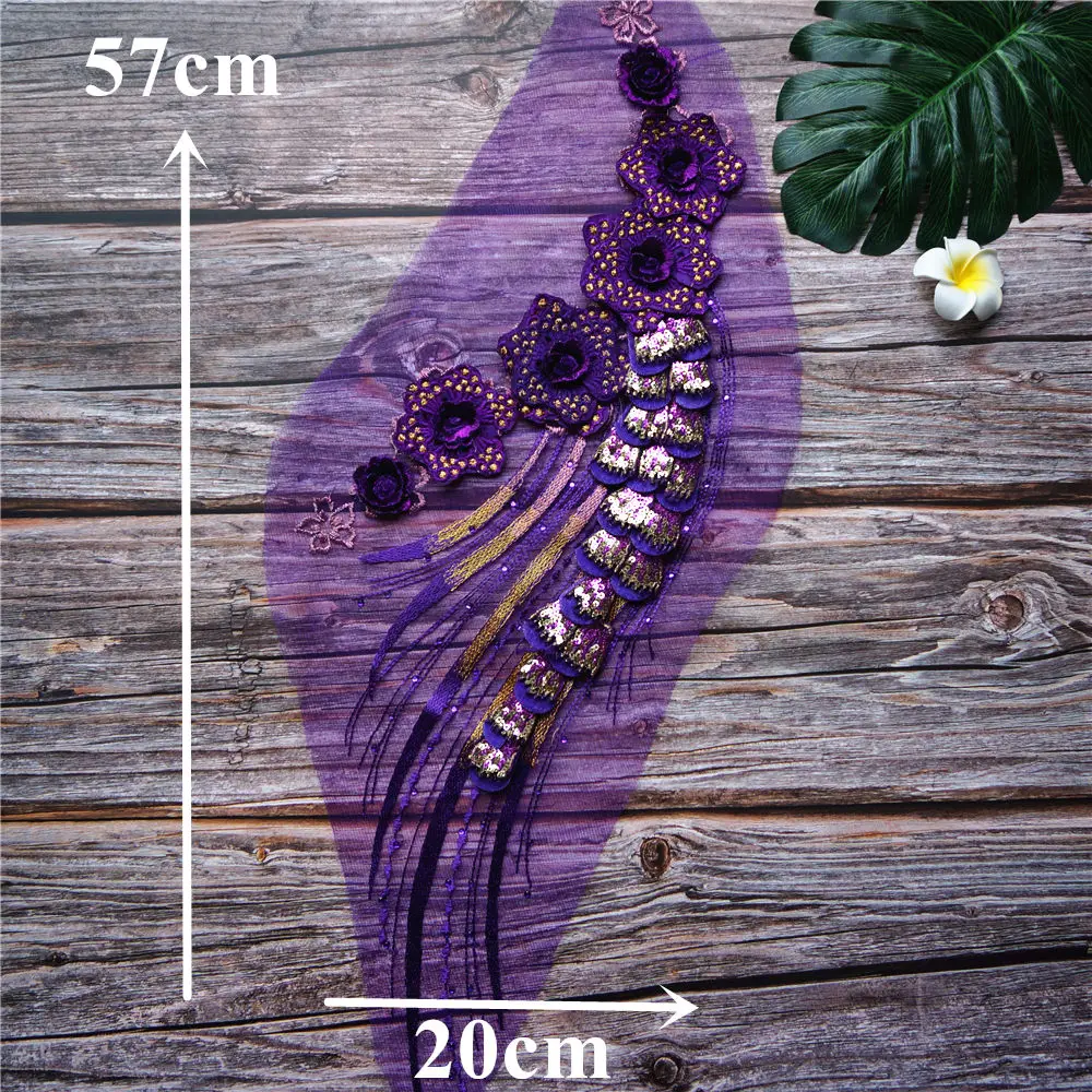 Purple Flower Lace Fabric Sequin Tassel Embroidered Gown Appliques Collar Mesh Sew Patch For Wedding Decoration Dress DIY