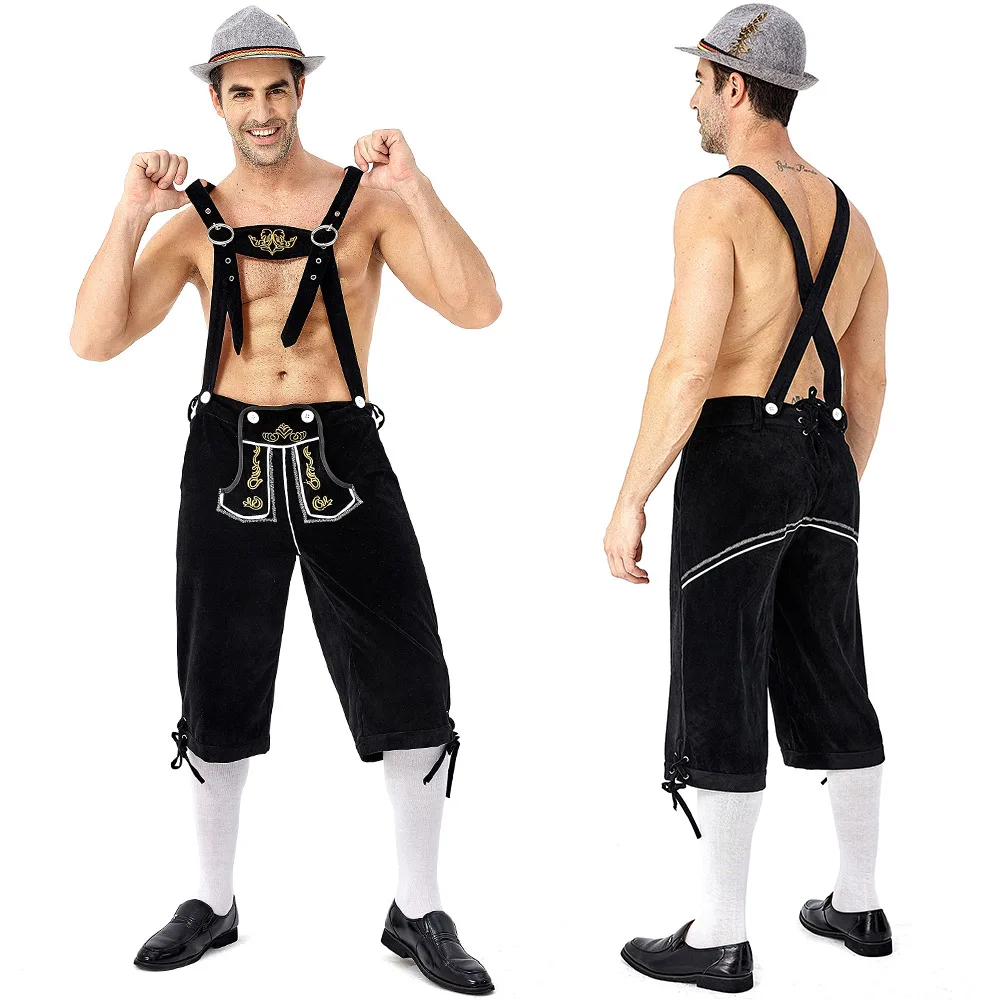 زي Oktoberfest Lederhosen البافاري Octoberfest الألمانية البيرة زي الحمالات السراويل الرجال هالوين تأثيري الزي