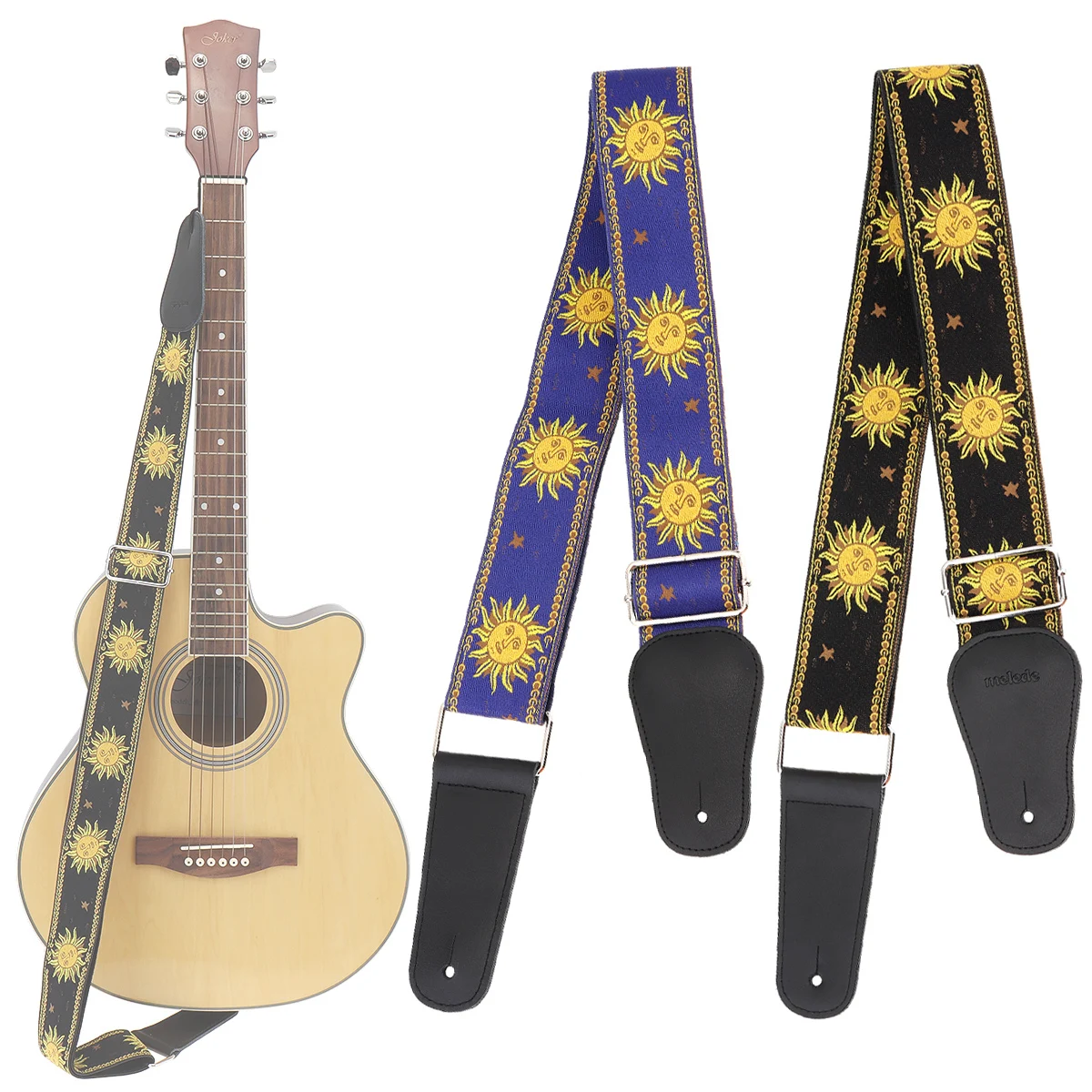 Jacquard Weave Double Fabric Guitar Strap Sun Flower Pattern Genuine Leather Ends with for Acoustic Electric Guitar Bass