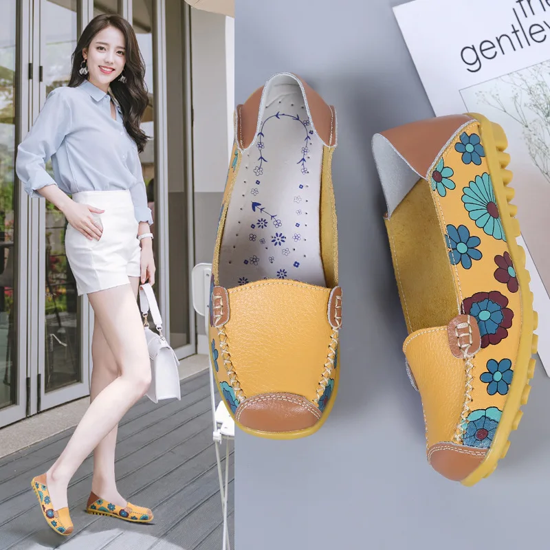 2021 New Two-layer Real Cowhide Printed Women's Single Shoes Flat Casual Women's Shoes Mother's Shoes Comfortable Casual Shoes