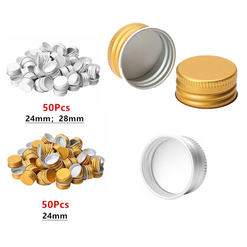 50Pcs Mini Small Caps Premium Aluminium Threaded Caps Lids Replacements for Mason Jar Borosilicate Glass Bottles