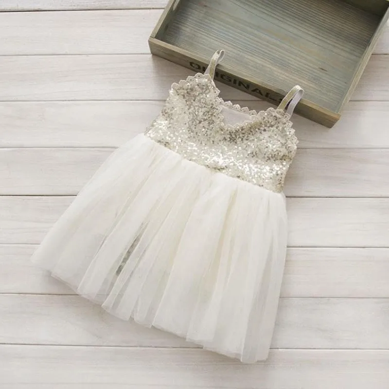 Cute Girls Silver Sequin Tutu Dress Kids V-neck Beige Glitter Bling Straps Chiffon Dress Children Wedding Party Dresses 1-7Y