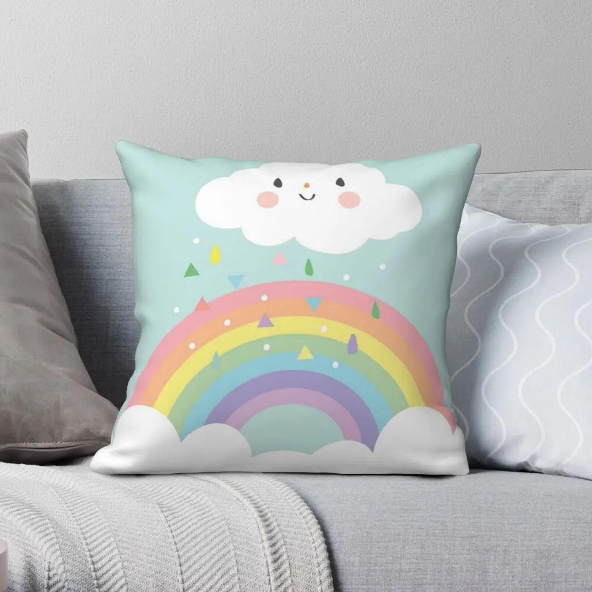 

Rainbow Happy Little Cloud Pastel Rain And Sunshine Baby Square Pillowcase Linen Velvet Zip Throw Pillow Case Sofa Seater Case