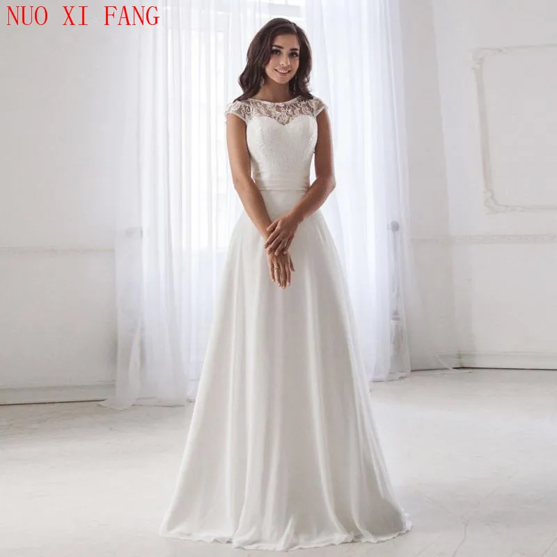 2022 Scoop Neck Lace Wedding Dresses Sleeveless Pleats Belt Chiffon Beach Wedding Bridal Gown Robe De Soiree Open Back Casamento