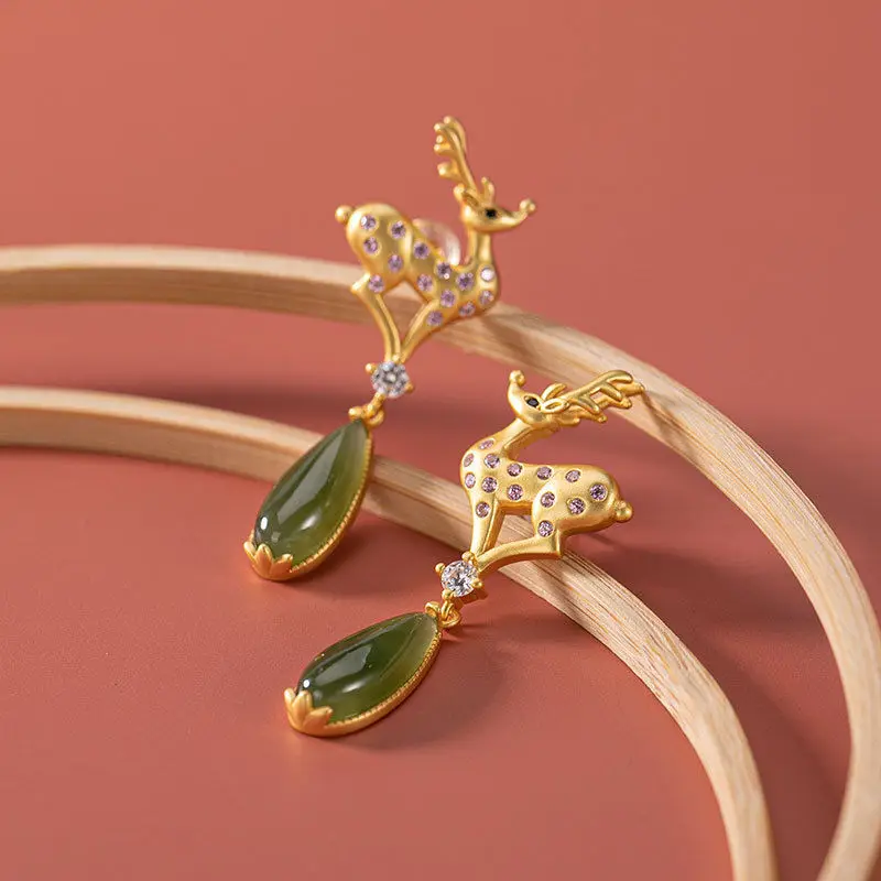 Original SNew Silver Natural Hetian Sapphire Earrings Antlers Creative Small Fresh Fairy Niche Craft Women's Brand Jewelry