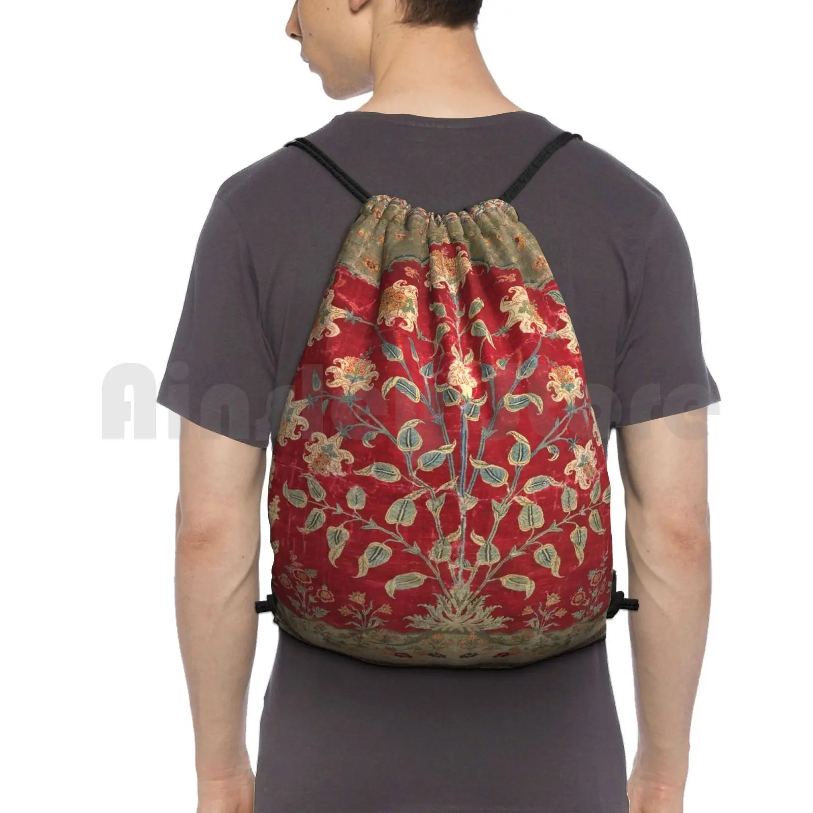 Indian Floral Rug 17th Century Fine Art Print Backpack Drawstring Bag Riding Climbing Gym Bag Vintage Vintage Rug Carpet