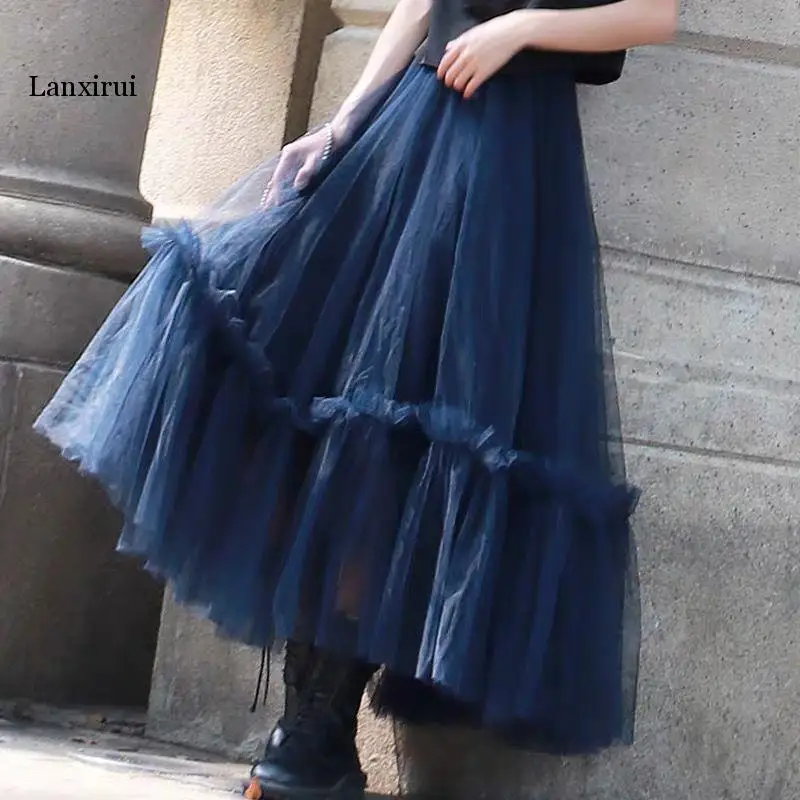 

High Waist Tulle Skirts Women Spring Summer Sweet Tutu Skirt Female Mesh Midi Skirt Vintage Harajuku Skirt