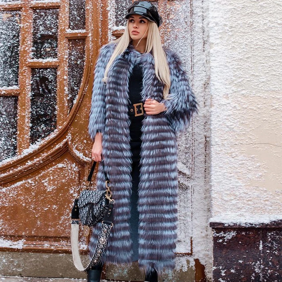 Long Fur Coats For Women Real Silver Fox Fur Jacket Winter Fashion New Warm Fur Overcoat