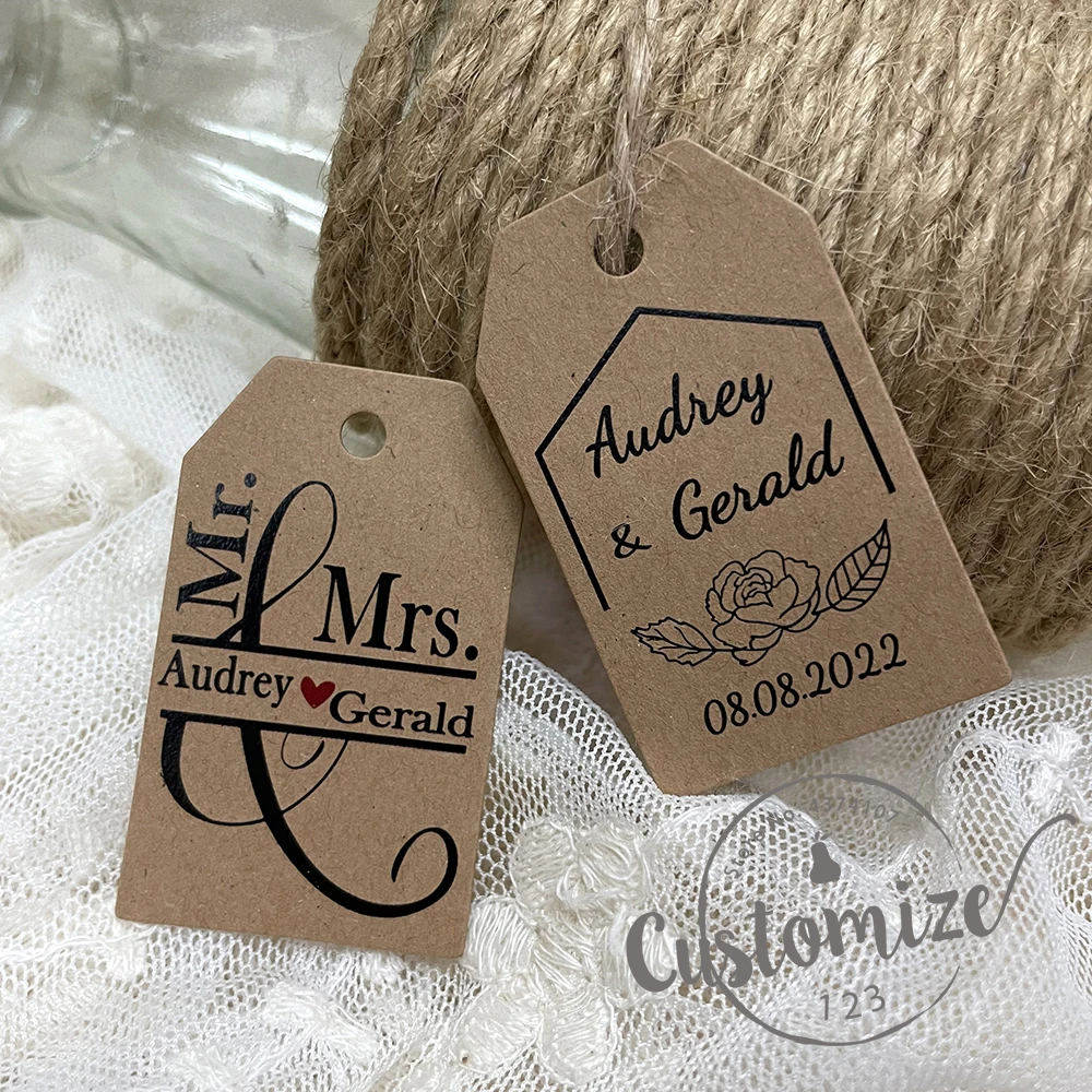 Juego de etiquetas de papel Kraft, etiquetas colgantes de recuerdo de boda, logotipo de nombre de texto personalizado, 100 Uds.
