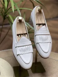 Spring Men Office Work Formal Shoes Slip On Loafers White Moccasin Gommino Wedding Vintage Tassels Genuine Leather Dress Shoes