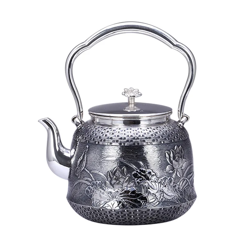 Teapot, kettle, hot water teapot, iron teapot, stainless steel kettle, tea bowl, 1100ml capacity, handmade S999 sterling silver