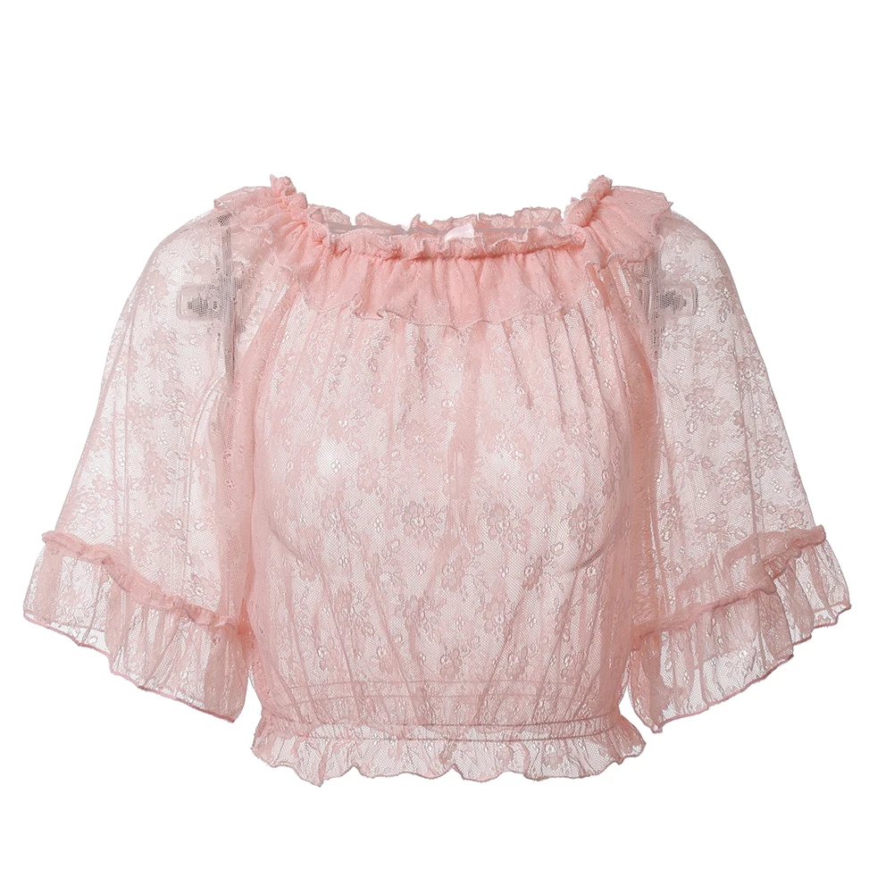 Summer Kawaii Lolita Shirt Girls Female Inside Chiffon Lace Cute Women Blouse