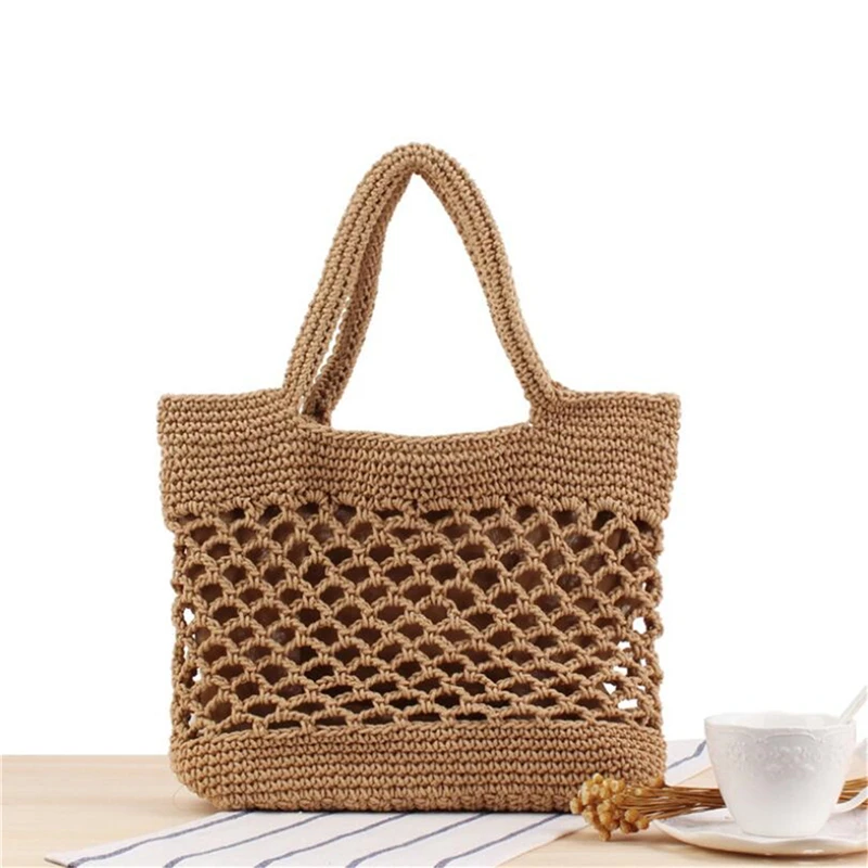 

INS New Portable Foldable Beach Bag for Women Solid Color Cotton Crochet Straw Bag Summer Vacation Tote Handbag IL00603