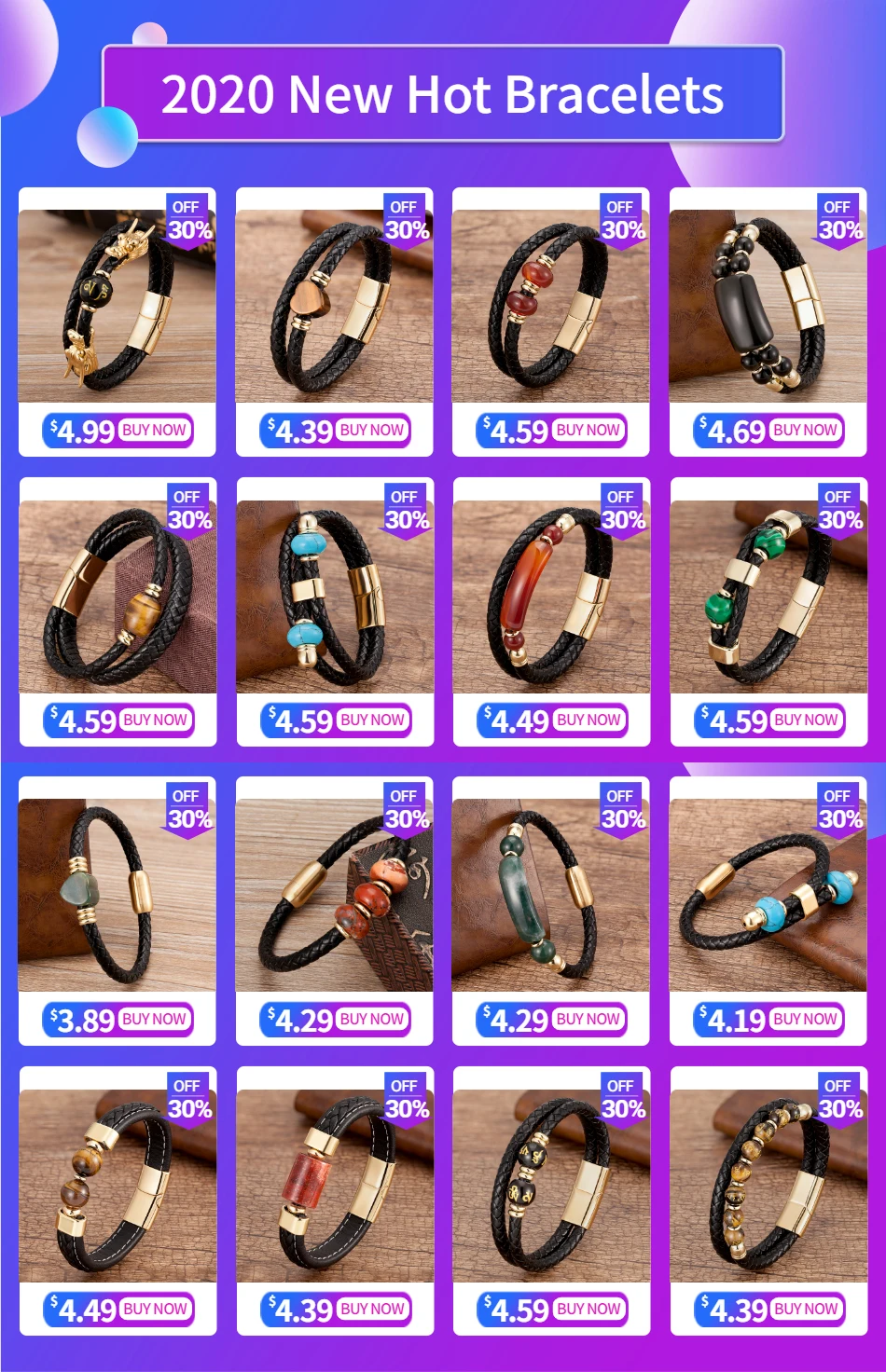 Modischer Herrenschmuck, Charm-Armband mit runden Steinen für Männer, bunte Tigerauge-Perlen, schwarze Lederkette, Armreif, Geschenk für Männer – Detail 1