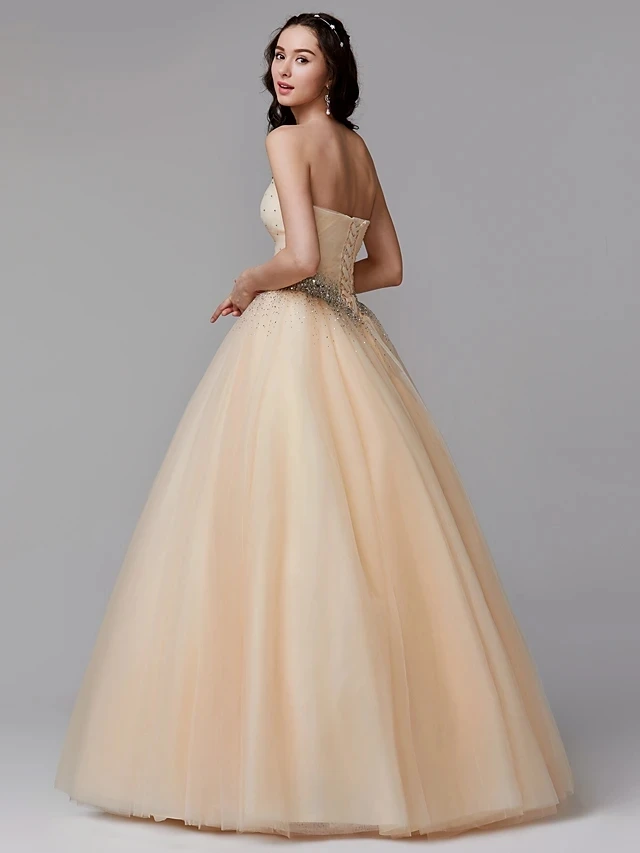 Luxuriöses Champagner Quince anera Kleid Schatz Kristalle Perle Abschluss ball Party Prinzessin süß 16 Ballkleid Vestidos de 15 Años