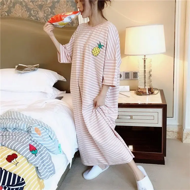 Nightgowns Women Summer Striped Plus-size 6XL Loose Korean Chic Leisure Womens Oversize Long-Pyjamas Mid-calf Breathable Cotton