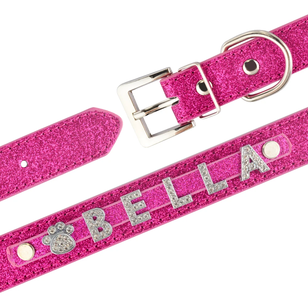 Personalized Dog Collar Leather Rhinestone Bling Charms Adjustable Custom Nylon Collar Puppy Medium Large Pet Dog Collar