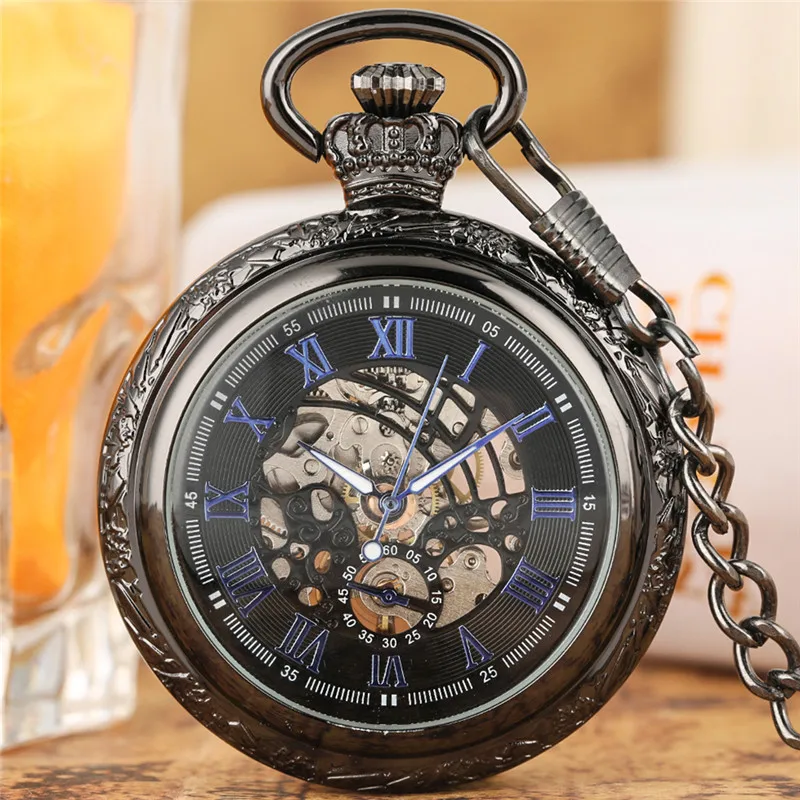 Vintage Roman Numerals Display Men Women Skeleton Mechanical Hand-Winding Pocket Watch Open Face Pendant FOB Clock Chain