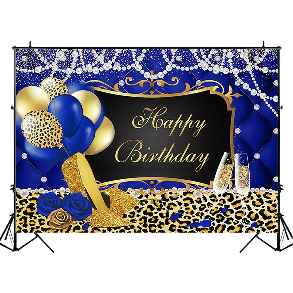 ليوبارد المرأة عيد ميلاد سعيد خلفية ديكور حفلة الذهب عالية الكعب اللؤلؤ الملكي الأزرق مخصص صور خلفية التصوير فوتومكو