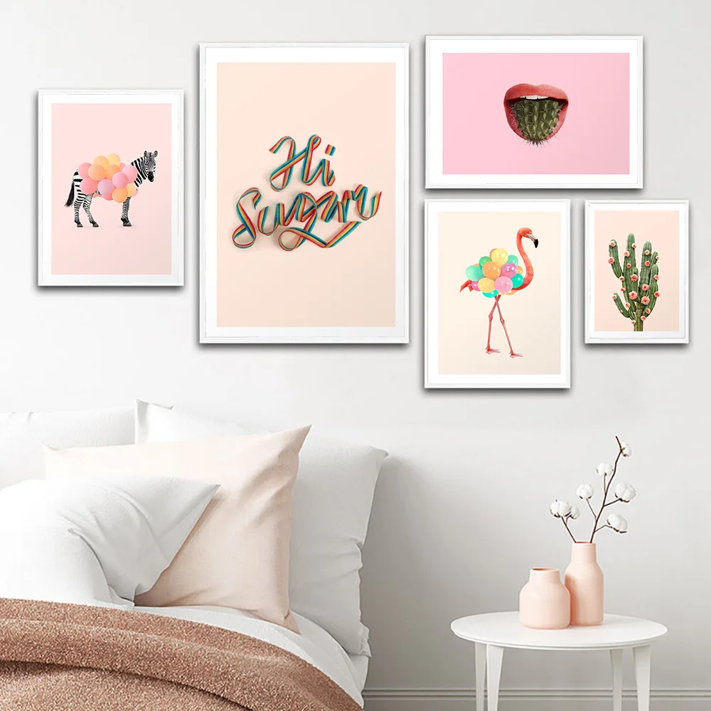 

Scandinavian Poster Print Animals with Flower Balloon Canvas Painting Green Plant Wall Art Picture Nordic Style Home Decor