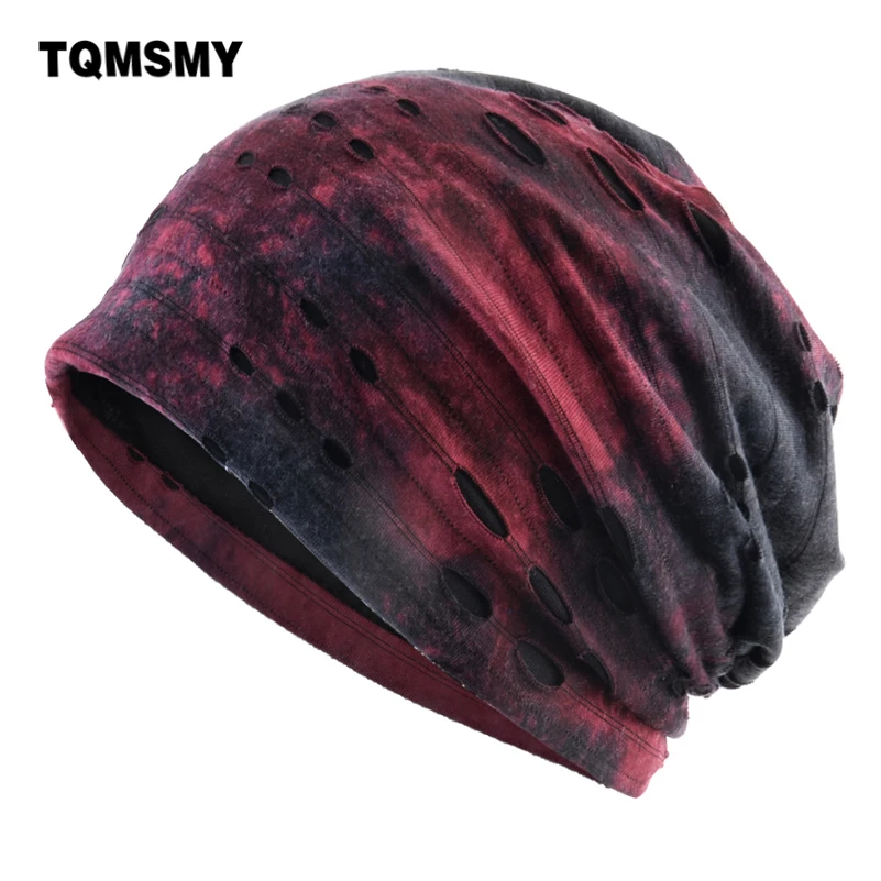 TQMSMY Fashion Ripped Hat For Men Women Ink Printing Skullies Beanies Streetwear Hip Hop Beanie Hats Bonnet Caps Unisex TME179