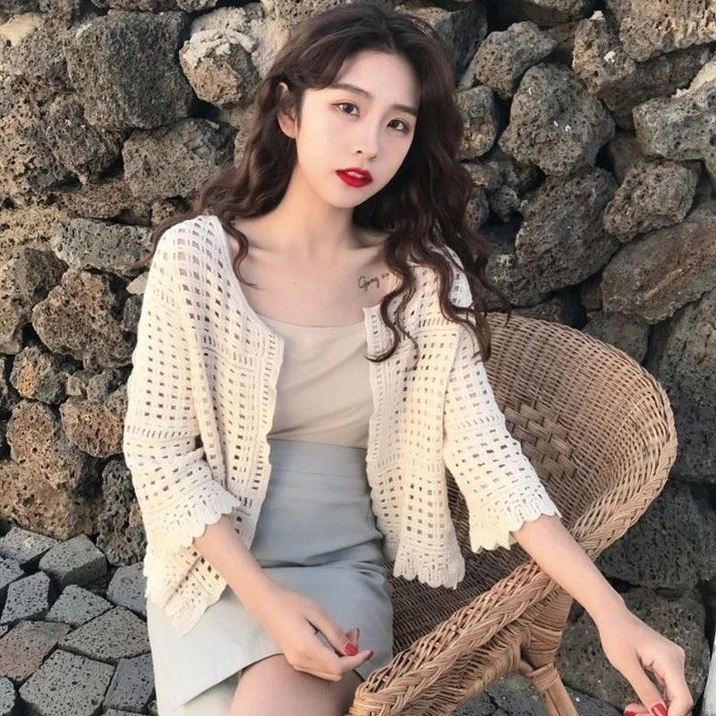 Basic Jackets Women Summer Knitting Loose Ins Hollow-Out Solid Casual All-match Soft Cozy Popular Korean Outwear Harajuku Mujer