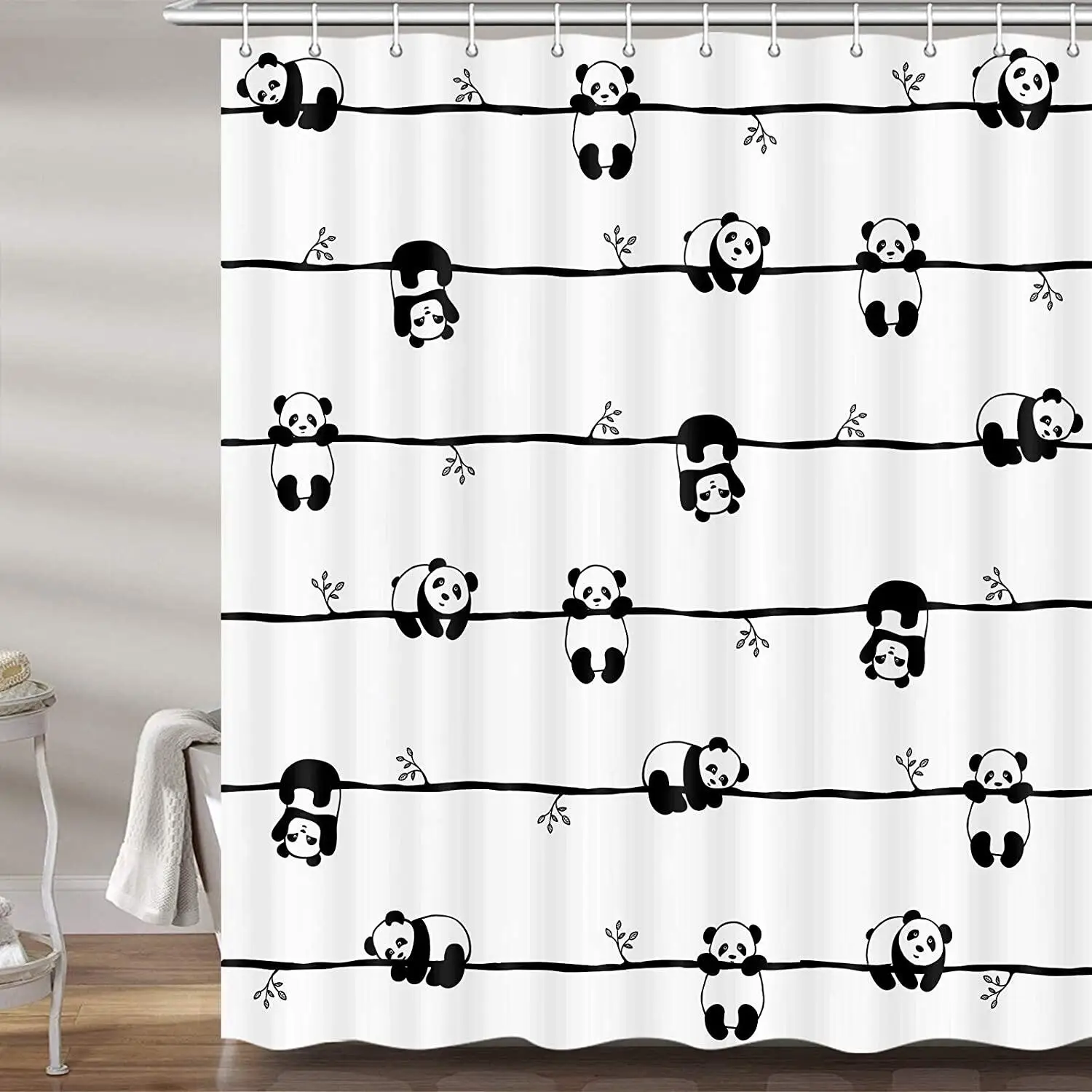 Cute Panda Shower Curtains for Bathroom, Funny Black and White Animals on Bamboo Kids Fabric Bath Curtain,Boys Girls Home Decor