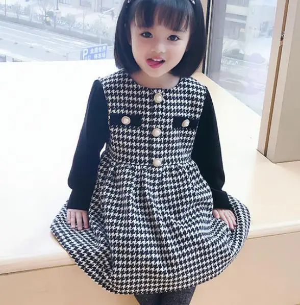 Girls' small fragrant houndstooth princess dress kids vintage velvet and pearl buckle temperament a-lien dress