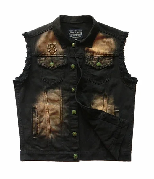 Cross Wing Men's Embroidery Black Punk Denim Vest Metal Badge Big Patch Motorcycle Biker Waistcoat Vintage Sleeveless Jacket