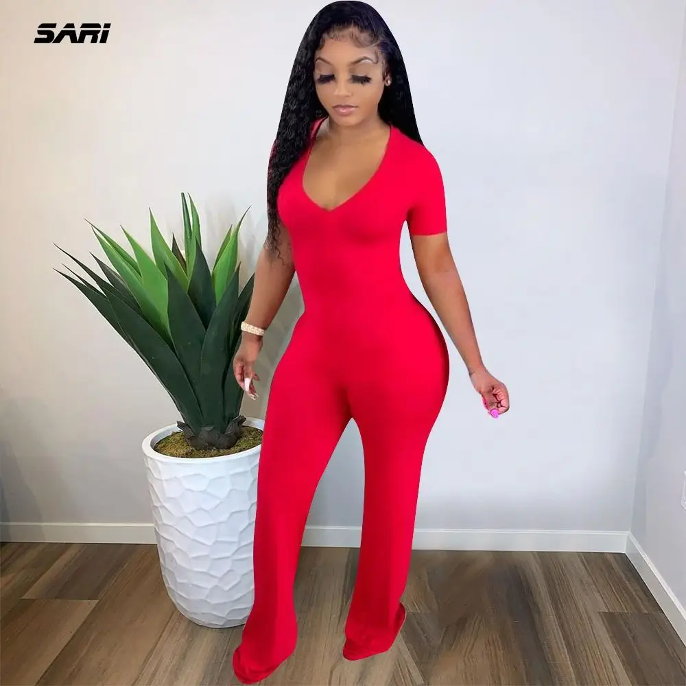 Women Jumpsuit Solid Color Sexy Elegant V-Neck Short-sleeved Wide-Leg Pants Overalls Casual Loose One-piece Summer Rompers