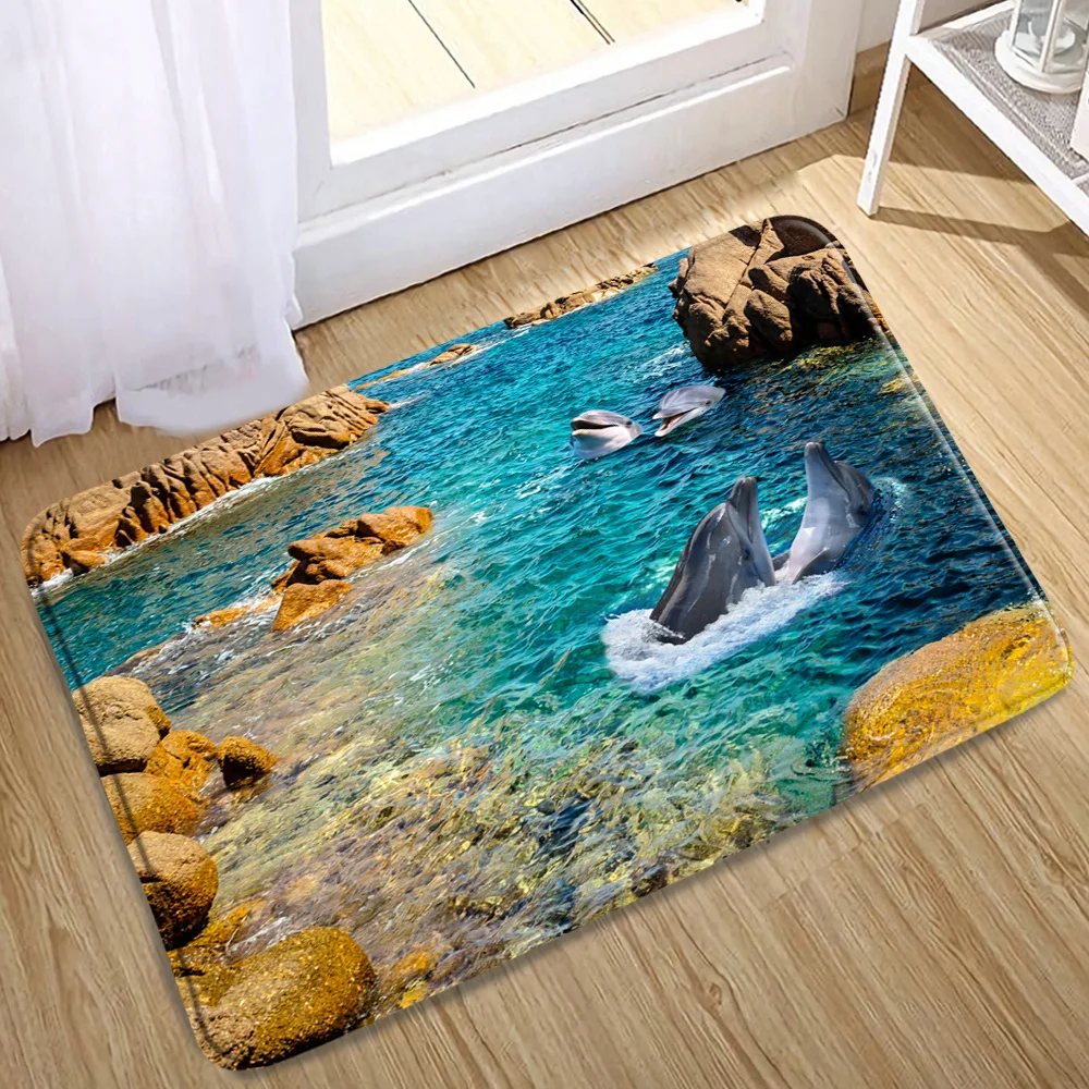 Dolphin Bath Mats Bathroom Non-Slip Rugs Floor Door Mat Ocean Animal Underwater World Doormat Flannel Carpet Home Bathtub Decor