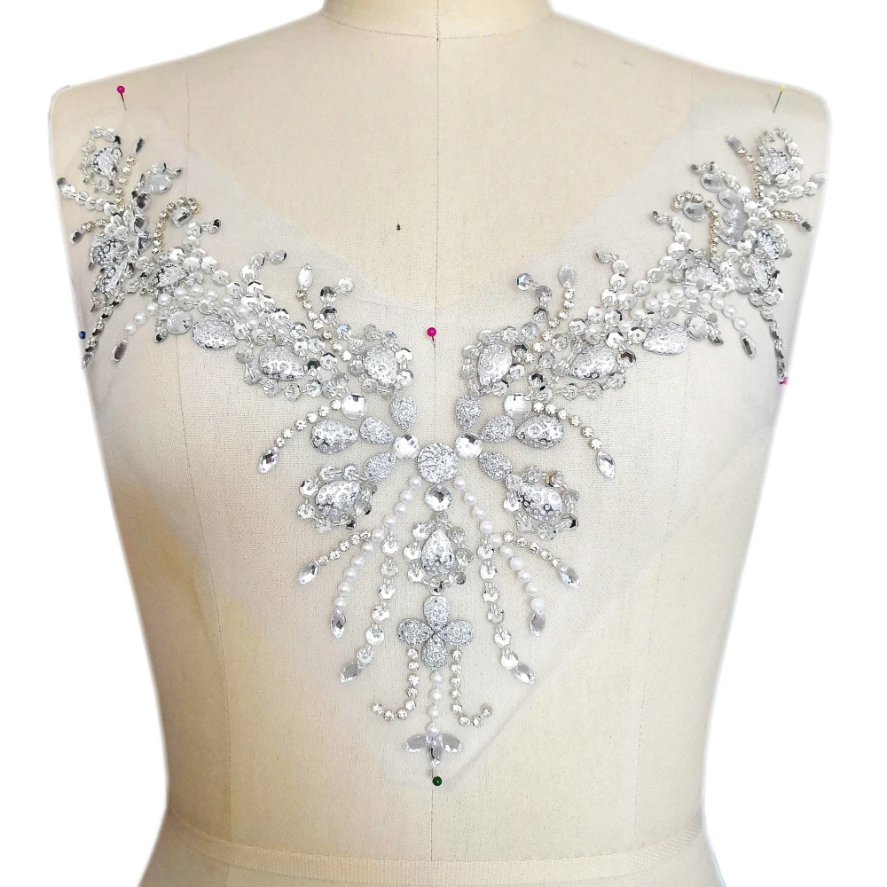 PHOENIX Wing V-Neck Sew On Sequin Mirror Rhinestones Crystal Beaded Trim For Bridal Design Szycie sukienek Aplikacje na ubrania