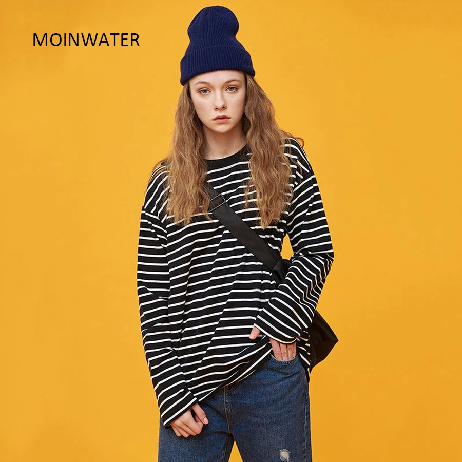 MOINWATER Women New Long Sleeve T shirts Lady White Black Striped Casual Cotton Tees Female Spring Tops MLT2108