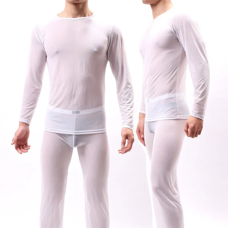 Sexy Men Undershirts Sets Ice Silk Transparent Long Sleeve Tops Trousers Gay Night Club Sex Costume T Shirts Pants Underwear 2XL