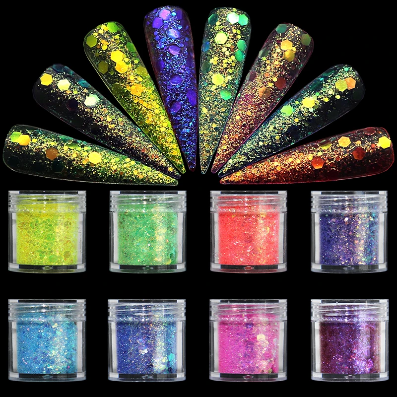 Holographische AB Aurora Nail art Pailletten Meerjungfrau Gemischt Größe Hexagon Chunky Chrome Glitter Zubehör Polnischen Maniküre Dekorationen – Detail 12
