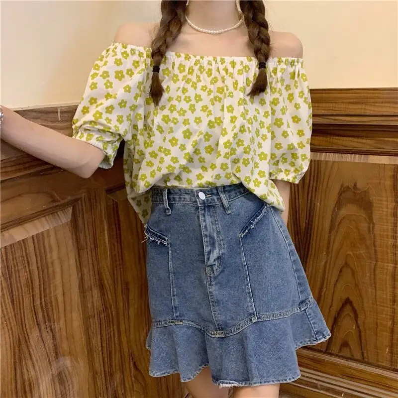 Blouses Women Sexy Off Shoulder Slash Neck Retros Floral Loose Casual Short Puff Sleeve Korean Style All-match Chic Backless Ins