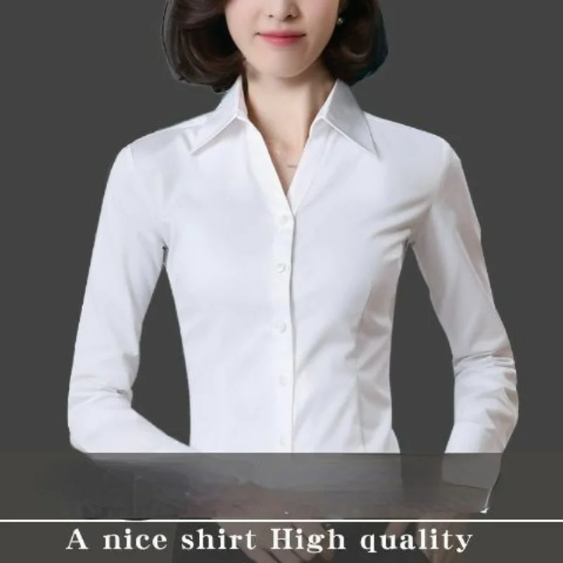 Yasuguji-Camisa blanca Formal para mujer, Blusa de manga larga con cuello en V, Tops básicos OL, Camisa de algodón ajustada, ropa elegante para mujer