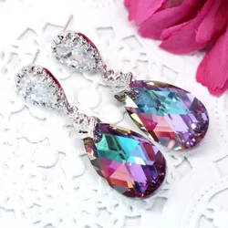 Huitan Fashion Luxury Dangle Earrings Women Multicolored/Blue CZ Stone Lady's Aesthetic Earrings Delicate Gift Wedding Jewelry