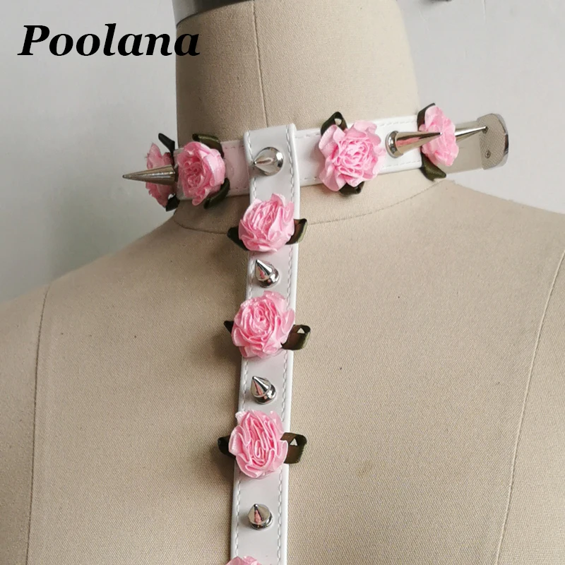 100% Handmade Cosplay Pink Rose Flowers Choker Belt attach to Waist Belt Cute Lolita Kawaii Harajuku Outfit Stage Performance