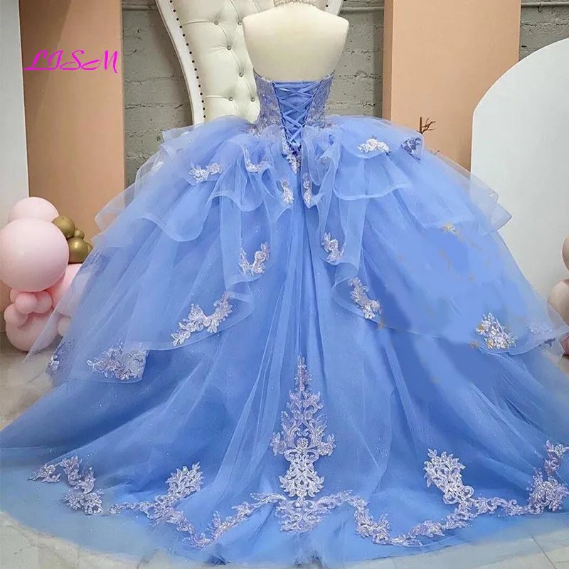 Light Sky Blue Beaded Ball Gown Quinceanera Dresses Sweetheart Sequined Long Prom Gowns Appliqued Sweep Train Tulle Party Dress